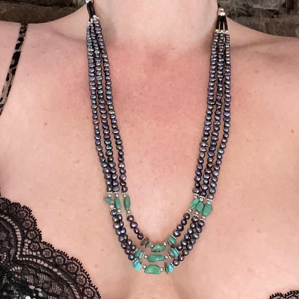 Black Freshwater Pearl/Turquoise Necklace - Picture 1 of 12